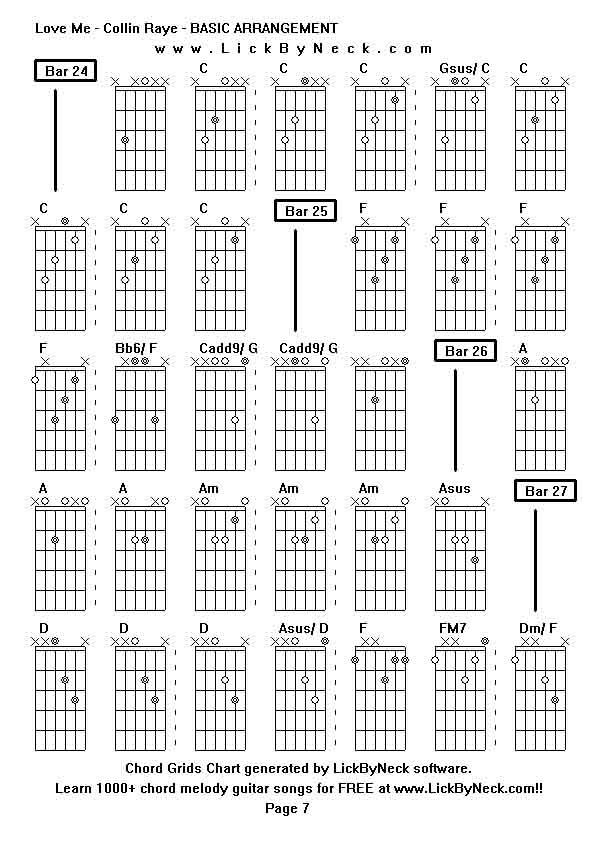 Chord Grids Chart of chord melody fingerstyle guitar song-Love Me - Collin Raye - BASIC ARRANGEMENT,generated by LickByNeck software.